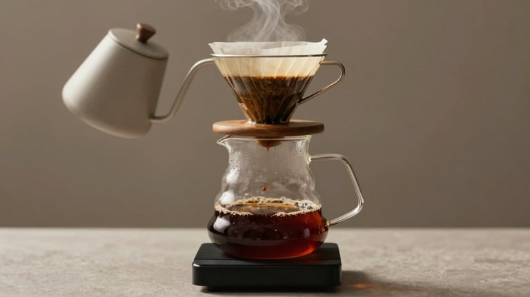A lifestyle shot of a pour-over coffee setup on a minimalist taupe background. Steam rises from a glass server, suggesting freshness and specialty quality.
