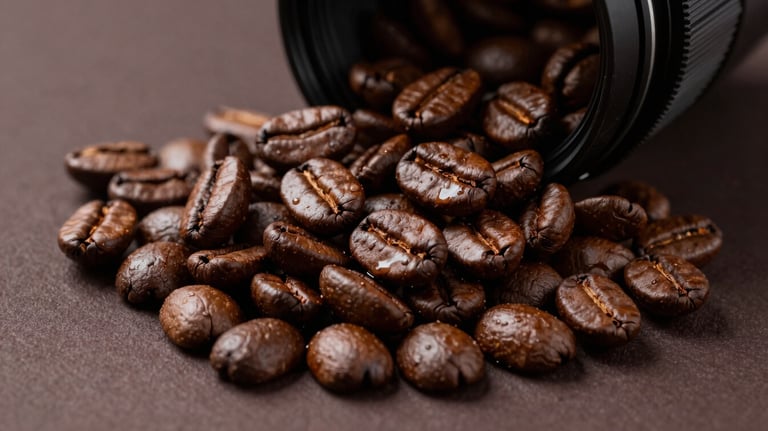 A studio product shot of freshly roasted, oily dark coffee beans cascading onto a dark brown surface. Sharp focus, professional lighting, reflecting premium quality.