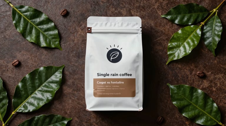 A professional flat lay of single-origin coffee packaging on a dark brown textured surface, surrounded by green coffee leaves, indicating origin and freshness.