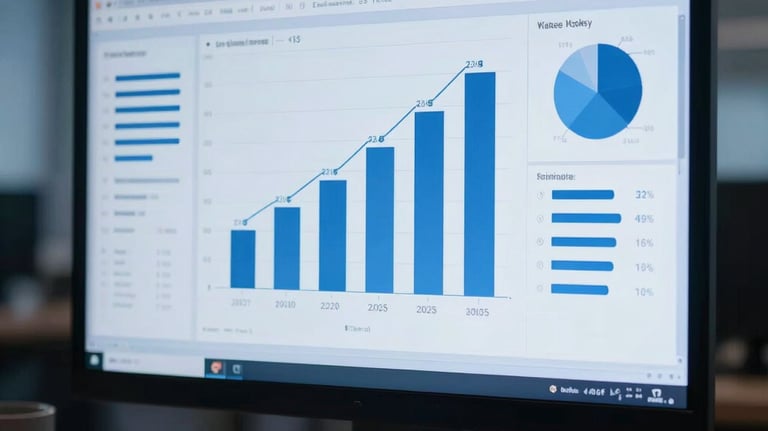 A high-end presentation of data charts on a computer screen in a dimly lit, sophisticated office. Focus on clarity and authority. Color palette of deep blue and light blue.