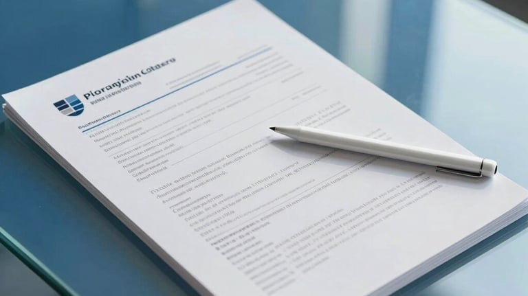 Professional financial documents and a stylus on a glass table. Minimalist, modern corporate aesthetic. Bright blue and off-white color scheme.