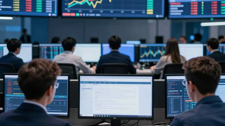 Detailed photography of a modern trading floor with professional analysts monitoring global data streams. Central European / Polish business environment. Deep blue corporate styling.