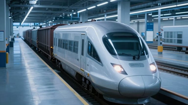 Action shot of high-speed freight transport in a modern logistics hub. Artistic motion blur with professional deep blue lighting. Central European infrastructure.