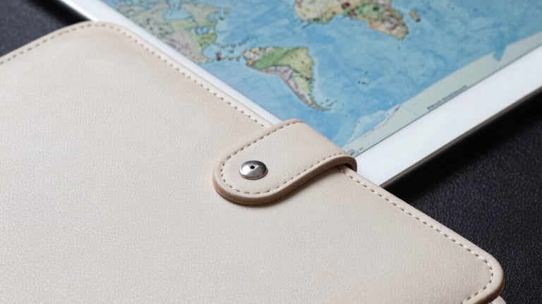 Close-up of a premium leather-bound business folder and a tablet showing a map of global trade routes. Professional, high-contrast photography with off-white and deep blue tones.