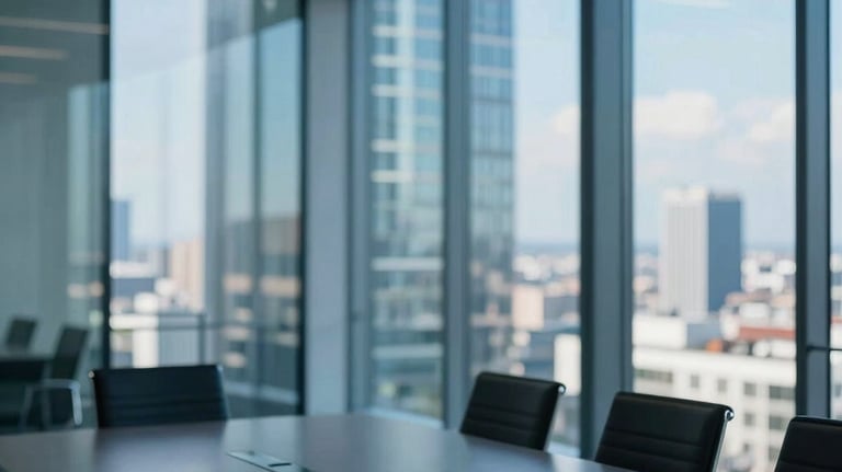 A sleek, modern glass meeting room in a Polish skyscraper, with a blurred view of the city. Authoritative and clean composition. Deep blue and bright blue highlights.