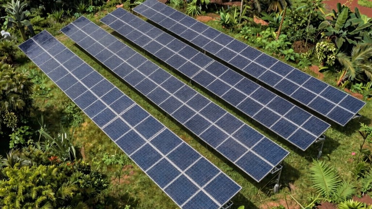 An aerial photograph of a sustainable solar power installation surrounded by lush West African greenery, symbolizing ecological innovation.