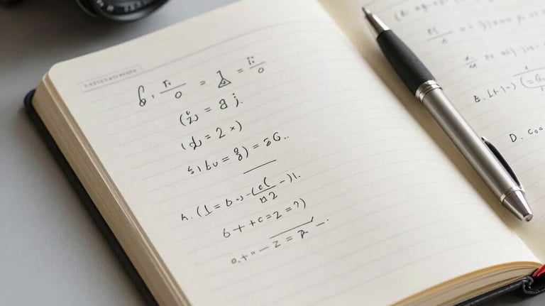 A crisp, clean workspace with a neat notebook, a pen, and an open scientific journal page showing structured equations.