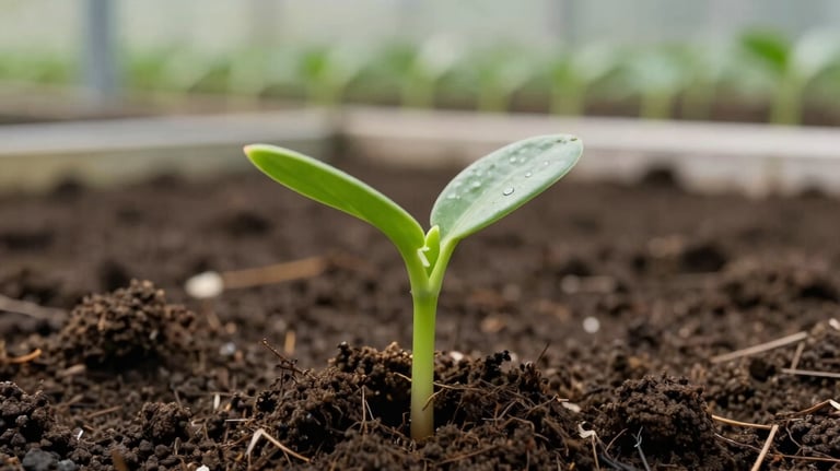 A macro shot of a green sprout emerging from rich dark soil inside a clean research greenhouse, illuminated by soft natural light.