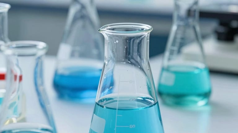 A close-up photograph of laboratory glassware filled with blue and teal chemical solutions, set against a clean, clinical research background.