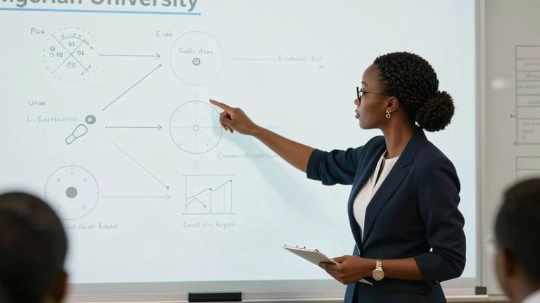 A professional classroom setting in a Nigerian university with a female lecturer pointing to a clean digital whiteboard showing scientific diagrams.