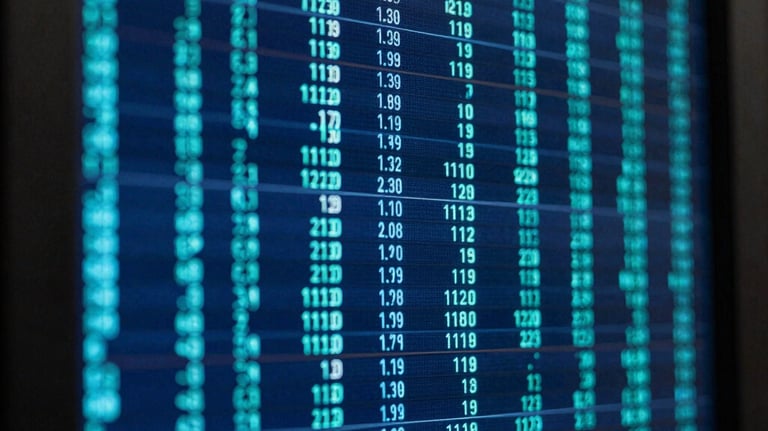 An abstract close-up of digital data streams on a server screen with deep blue and teal tones, representing computational breakthroughs.