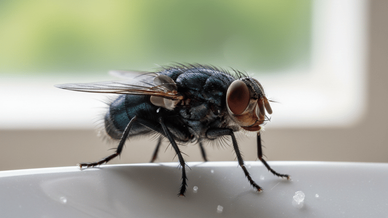 Macro shot of a common house fly with red eyes sitting on a white ceramic plate with sugar granules.