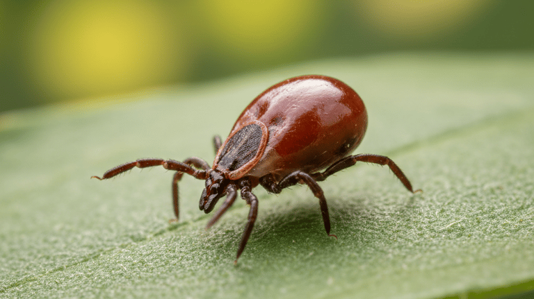 A macro shot of a tick crawling on a green leaf, highlighting lyme disease risk in nature.