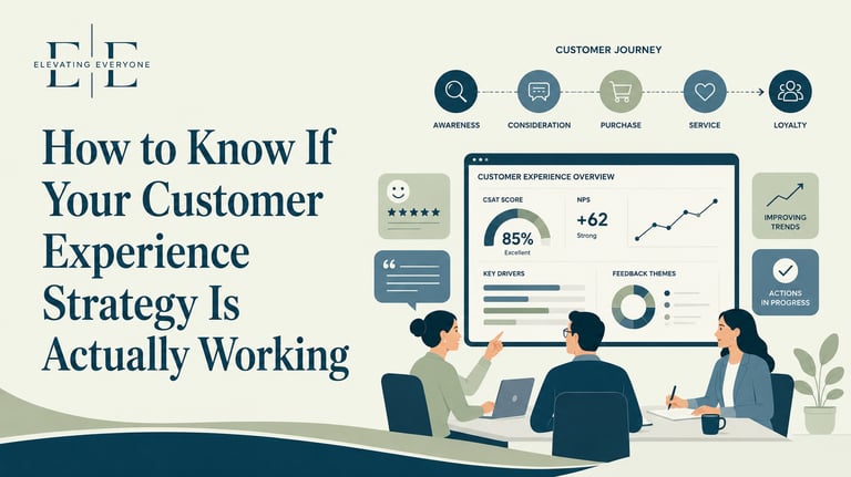 A business team analyzes a customer experience strategy dashboard showing NPS and CSAT metrics.