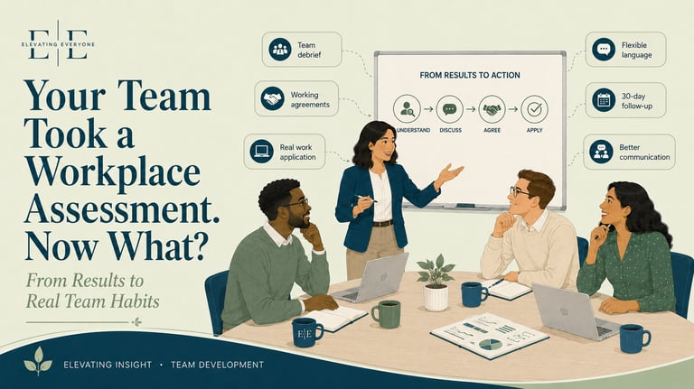 Professional team in a workplace assessment workshop discussing results to action strategy and team development.