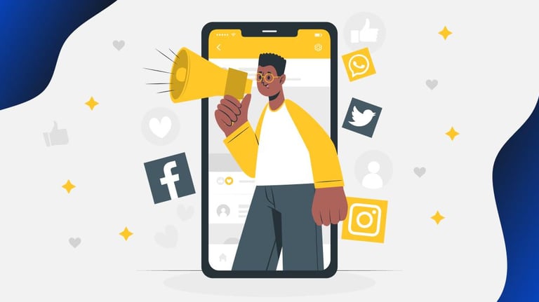 Digital marketing illustration of a man with a megaphone on a smartphone screen surrounded by social media icons.