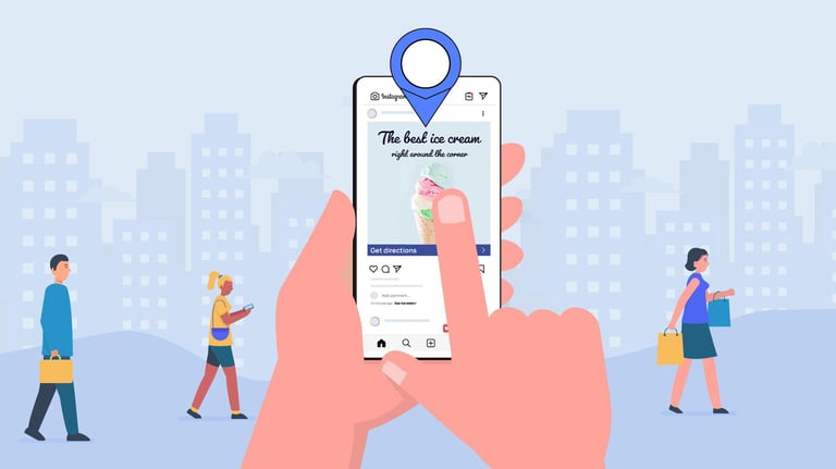 Person using a local SEO map pin on a smartphone to find an ice cream shop in a busy city.