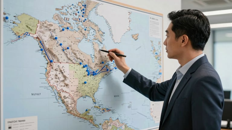 A professional in an office setting, wearing a smart casual outfit, looking at a large wall map of North American trade routes with blue pins and lines.