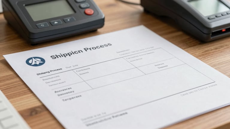 A close-up of a shipping invoice and a digital scanner on a wooden desk, symbolizing the administrative accuracy and transparency of our process.