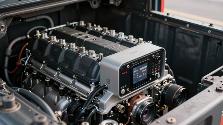 A heavy-duty cargo truck engine compartment or a close-up of a high-tech logistics tracking device, emphasizing technical reliability and modern engineering.