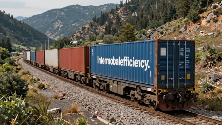 A perspective shot of a train carrying shipping containers through a North American mountain pass, representing intermodal freight efficiency.