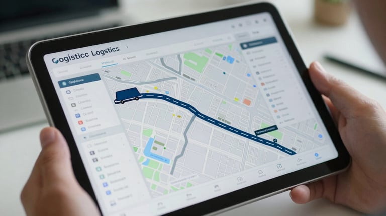 A detailed close-up of a digital logistics dashboard on a tablet held by a professional in a North American office setting. The screen shows a map with moving transit lines in dark blue and light gray.