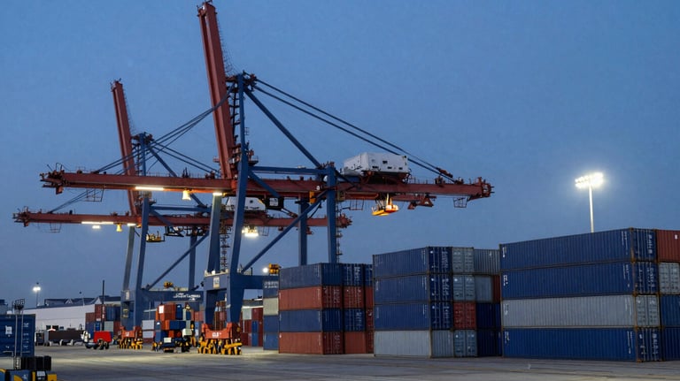 An evening shot of a busy harbor terminal in North America with large cranes and stacked blue and gray shipping containers under bright stadium lights.