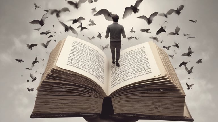 A picture of an open book with a pen beside it.