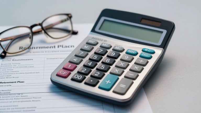 A close-up of a professional calculator, a pair of glasses, and a retirement plan document on a clean, light gray surface with soft blue lighting.