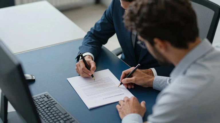 A high-angle shot of a South American / Brazilian professional signing a document on a sleek desk, surrounded by deep blue and light gray office decor.
