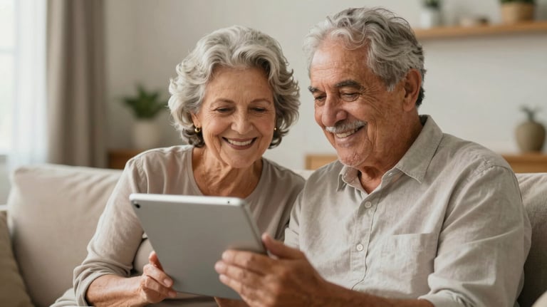 A focused shot of an elderly Brazilian couple smiling while looking at a tablet together in a sunny living room, representing a peaceful retirement.