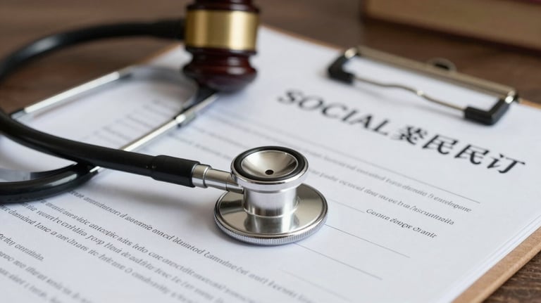 A close-up of a stethoscope lying on top of professional legal documents and a folder, symbolizing the intersection of health and social security law.