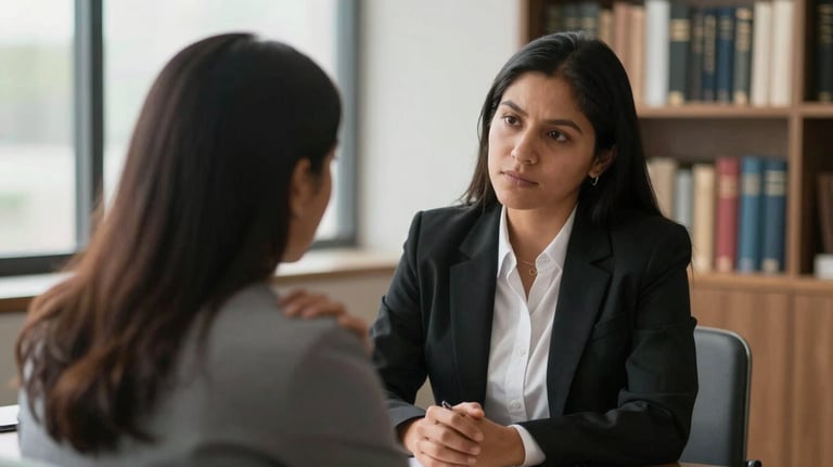A compassionate South American lawyer in professional attire comforting a client during a meeting, with soft indoor lighting and a bookshelf background.
