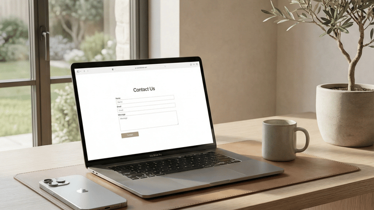 laptop screen shows a clean contact form interface.