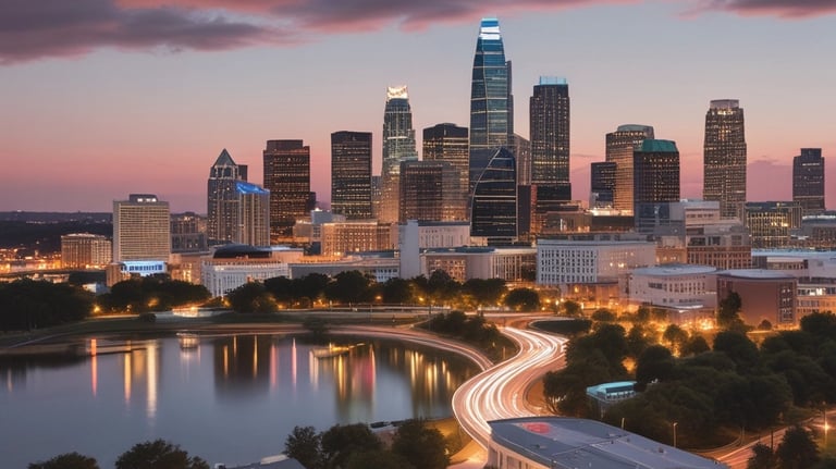 A modern office building with glass windows reflecting the Carolina sky.