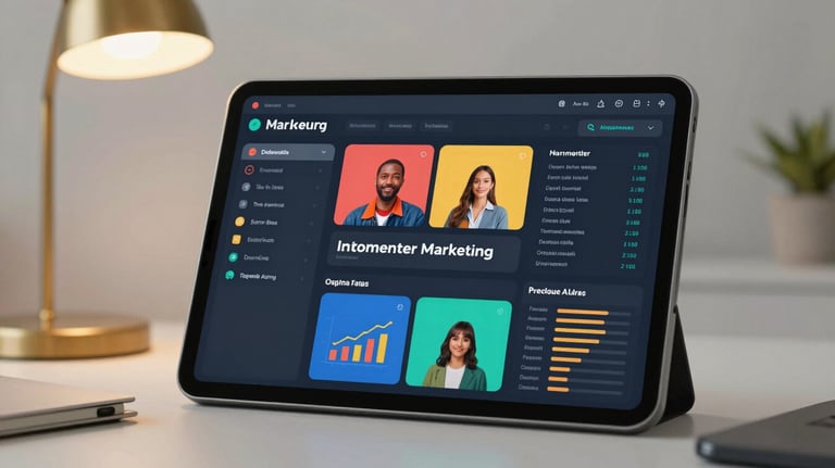 Close-up of a tablet showing a vibrant digital marketing dashboard. The setting is a minimalist workspace with a gold lamp and a professional Indonesian atmosphere.