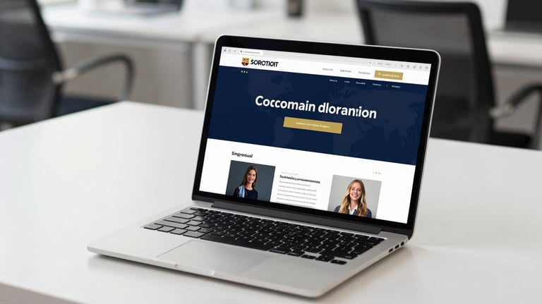 A professional photography shot of a sleek laptop displaying a modern corporate website with navy and gold branding. The laptop sits on a clean white desk in a bright Indonesian office.