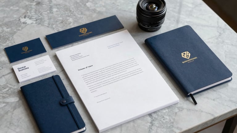 A collection of branded business materials including business cards, letterheads, and a notebook, all featuring a gold logo on navy paper, placed on a marble table.