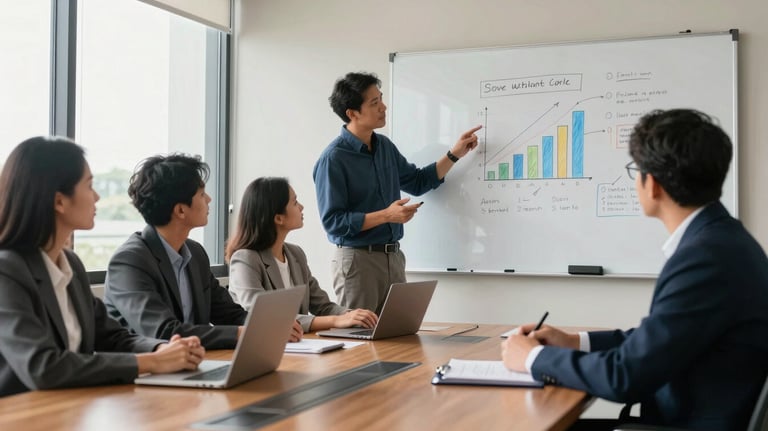 A candid shot of a business meeting in a sunlit Indonesian boardroom. A diverse team of professionals is discussing a growth strategy on a white board.