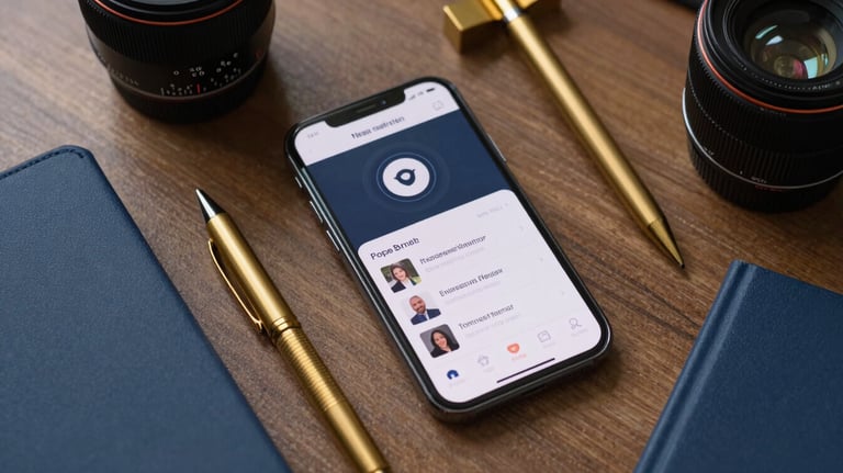 A top-down view of a professional desk featuring a smartphone displaying a custom-designed mobile app interface for an Indonesian startup, surrounded by navy and gold stationary.