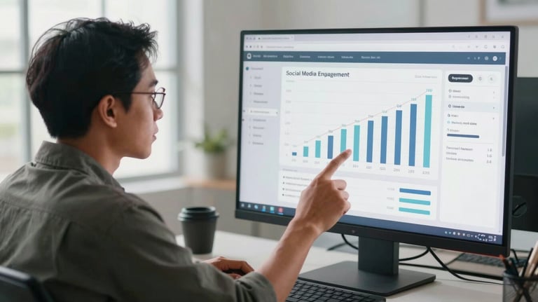 A lifestyle photography shot of an Indonesian professional analyzing social media engagement metrics on a large computer screen in a bright, modern studio.