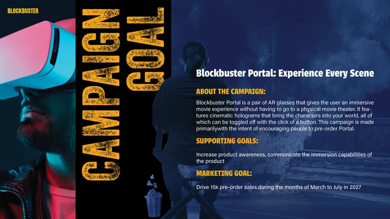 marketing goal summary with a close up image of of a man with AR glasses, looking outward 