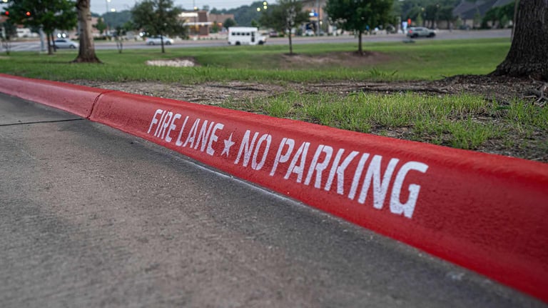 Red painted curb with white Fire Lane No Parking stencil text on a paved street.