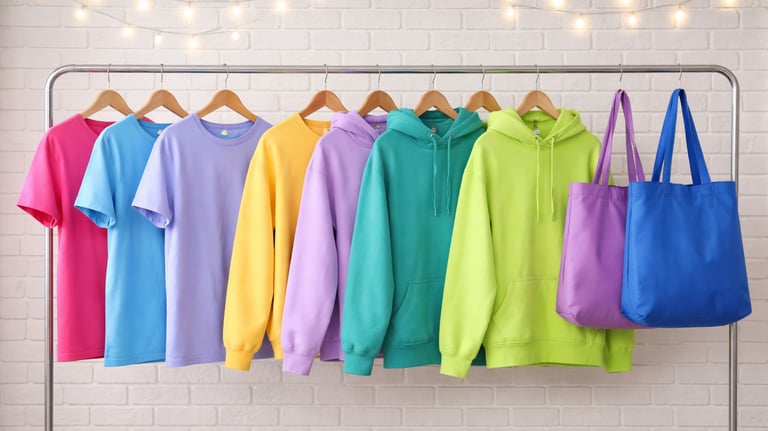 Colorful apparel and tote bags display-DesignATeeCompany.com
