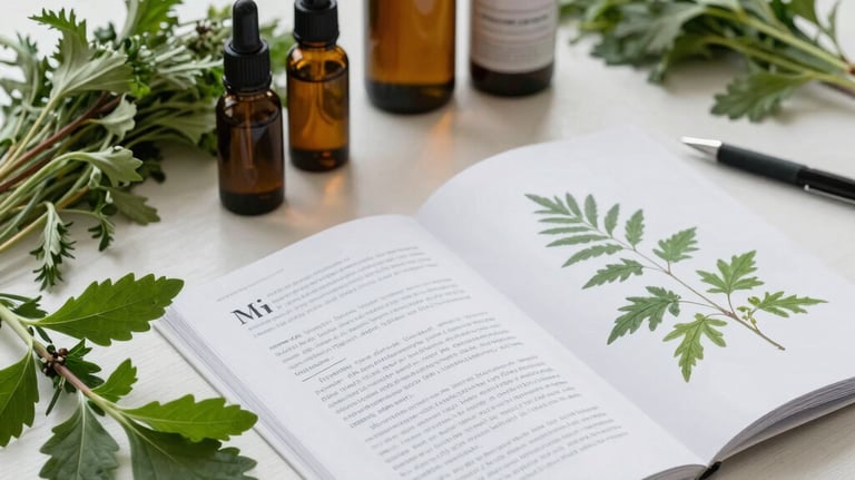 Table display featuring an open herbal book with plant information, amber tincture bottles filled wi