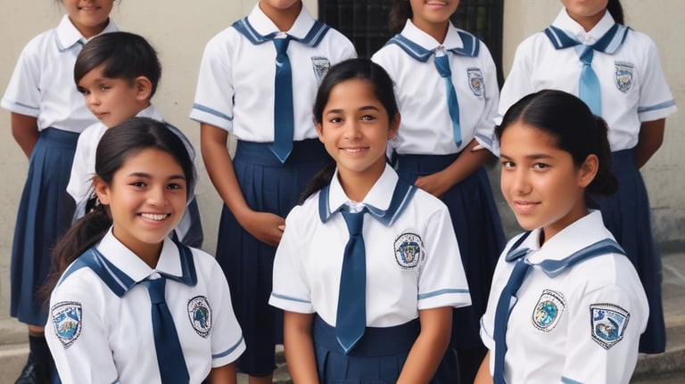 A group of children happily wearing colorful school uniforms outdoors