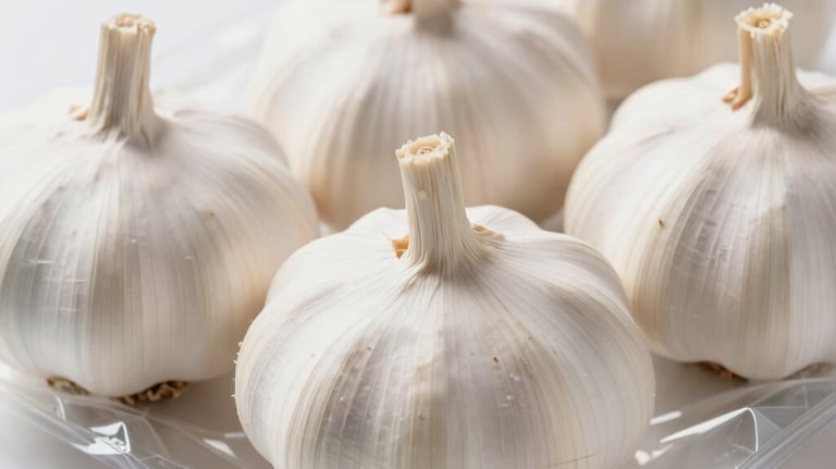 Fresh whole white garlic bulbs in a clear plastic grocery store tray package.