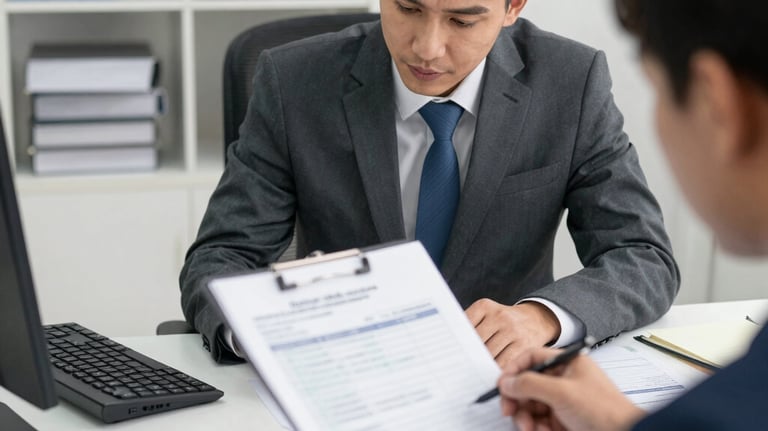 A friendly consultant discussing tax and finance strategies with a small business owner in a modern minimalist workspace.