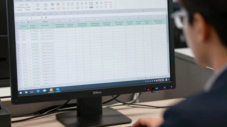 A professional accountant working on financial documents with a calculator and laptop at a clean, light blue-themed office desk.
