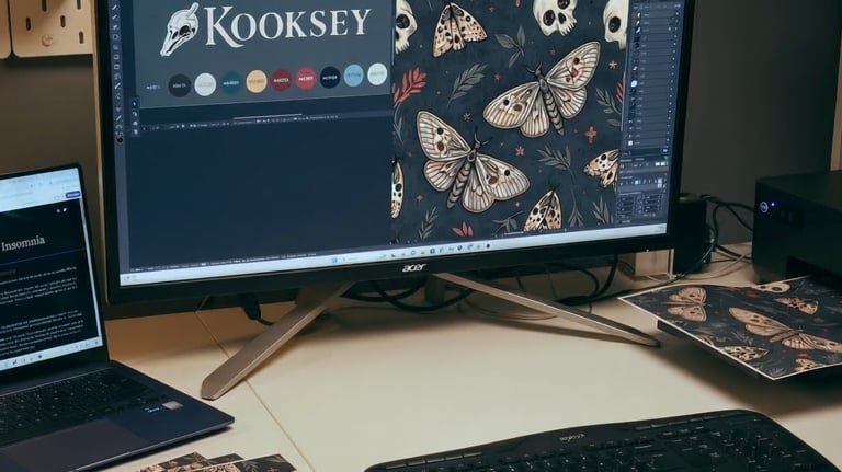 Kooksey Design station, monitor & laptop creating new designs